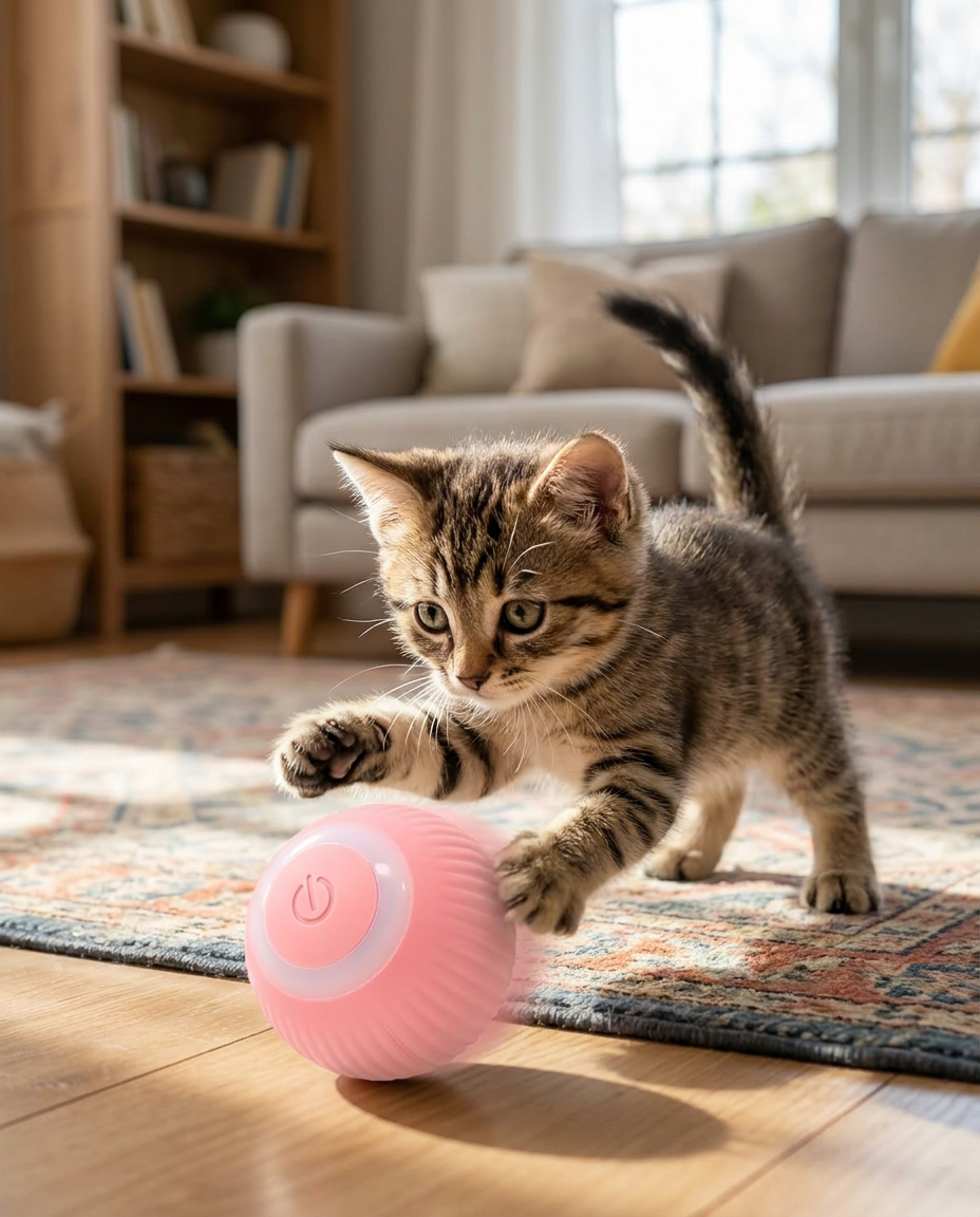 Interactive LED Play Ball for Cats in use, lifestyle background