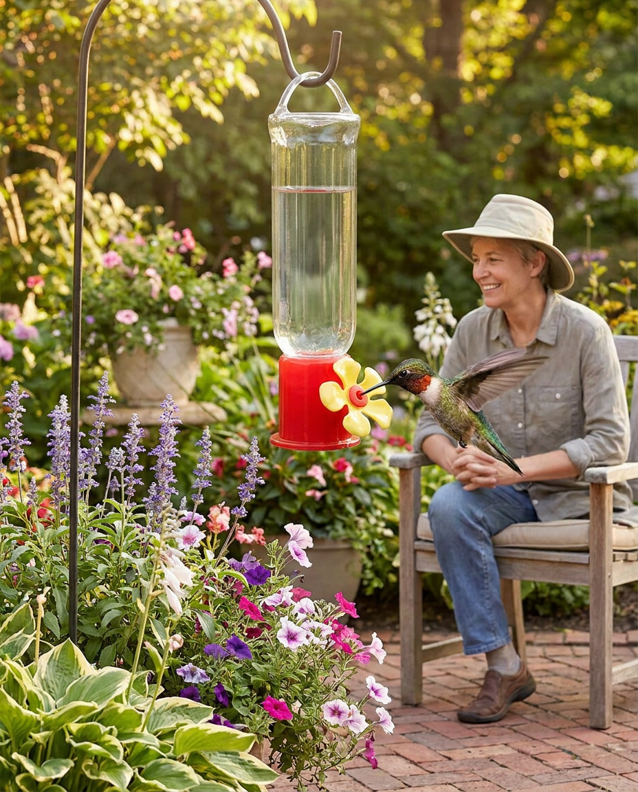Leak-Proof Plastic Hummingbird Feeder Set in use, lifestyle background