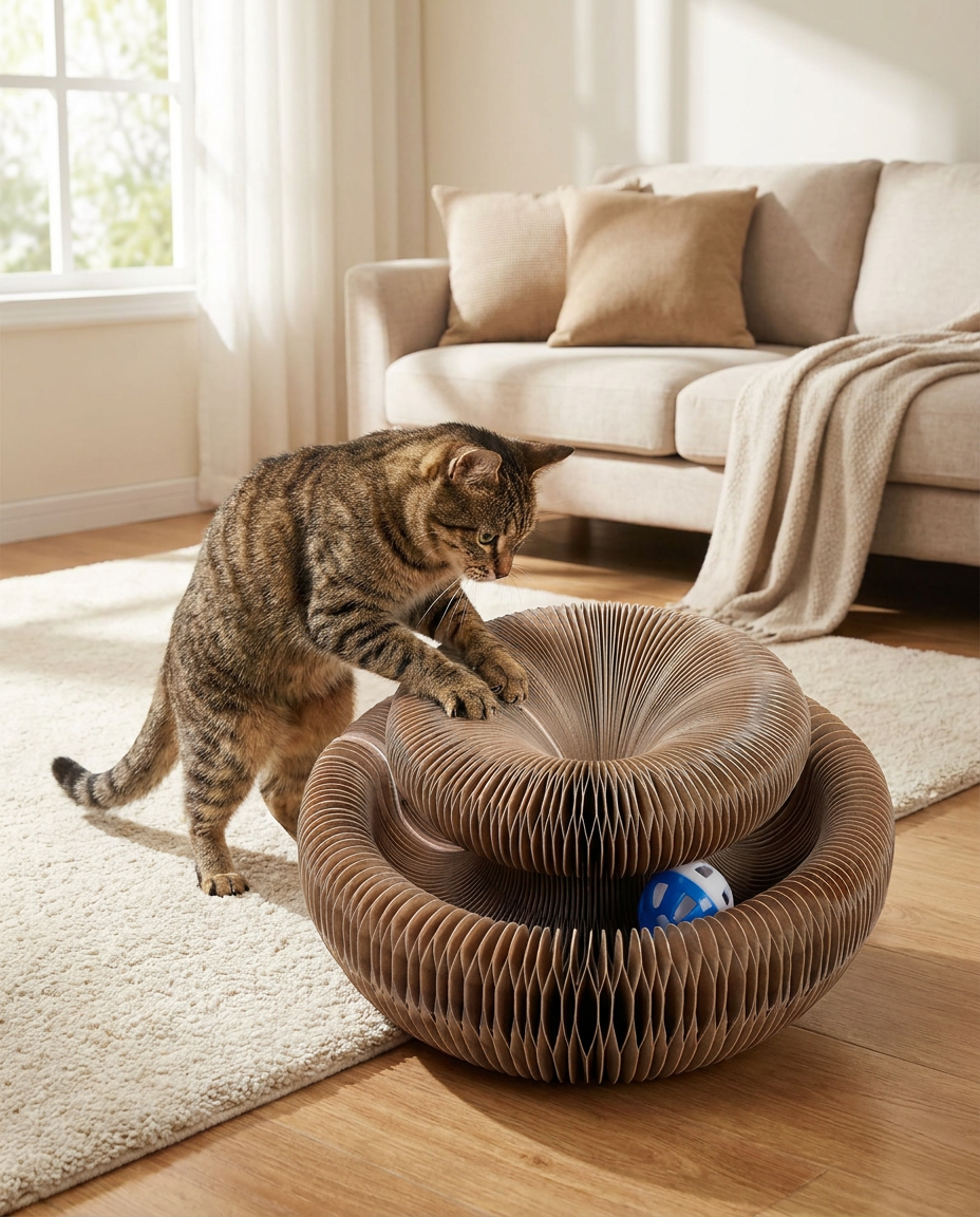 Foldable Magic Organ Cat Scratching Board in use, lifestyle background