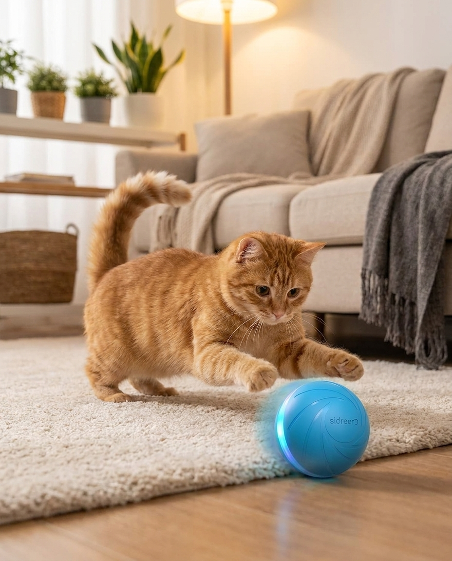 Interactive Motion Ball Toy for Cats & Dogs in use, lifestyle background