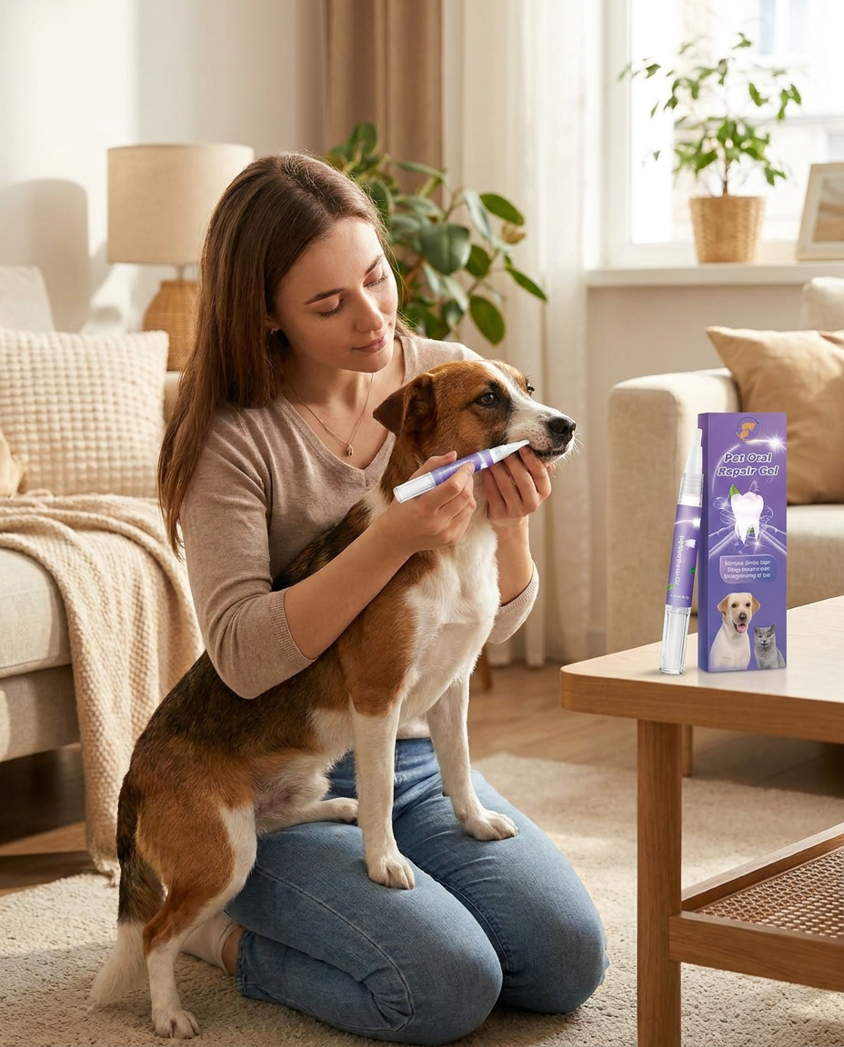 Natural Dog & Cat Toothpaste for Fresh Breath in use, lifestyle background