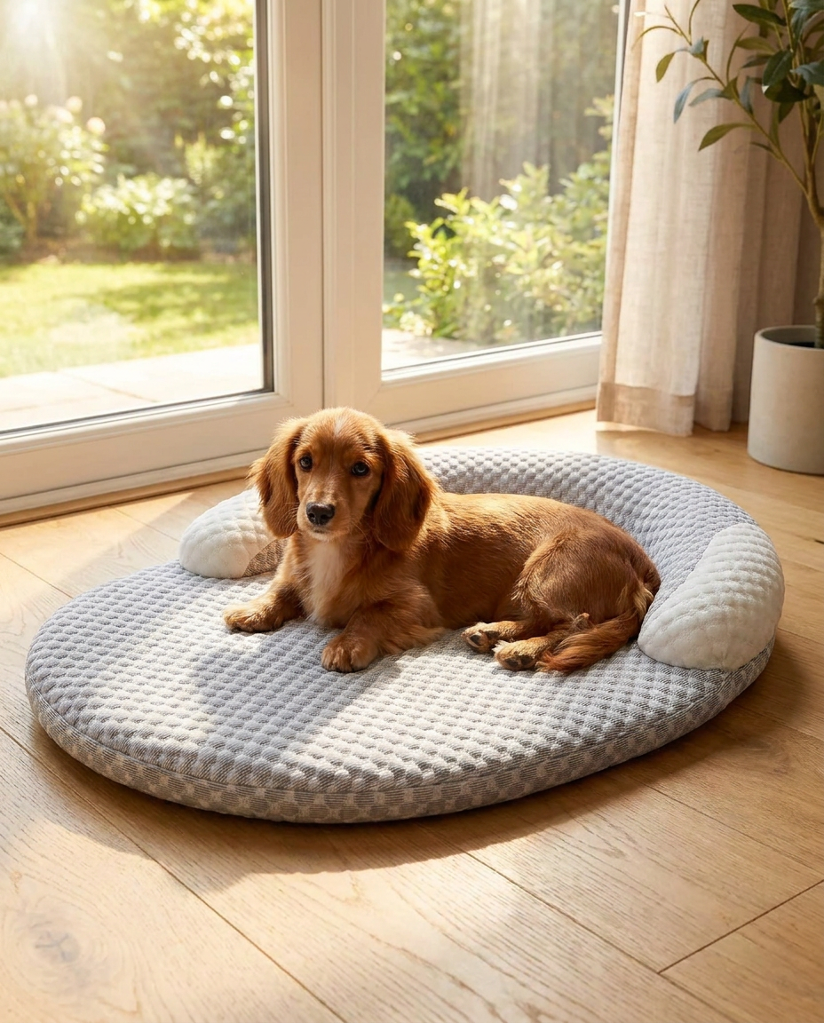 Orthopedic Cooling Dog Bed with Breathable Fiber in use, lifestyle background
