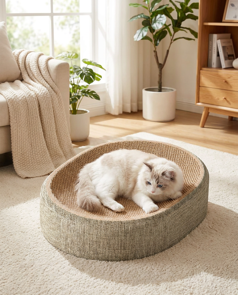 Oval Sisal 2-in-1 Cat Scratcher Bed in use, lifestyle background