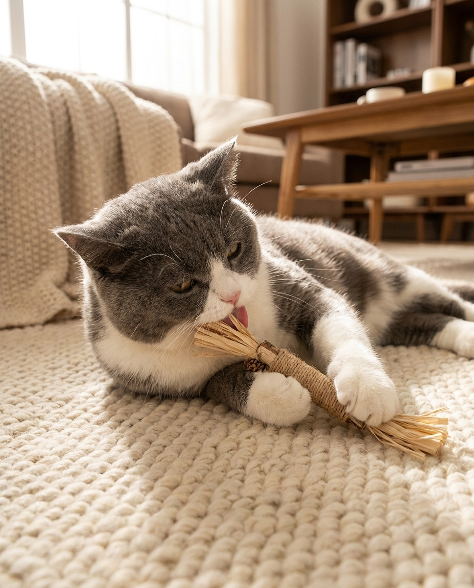 Natural Silvervine Cat Chew Toy Set (3-Piece) in use, lifestyle background