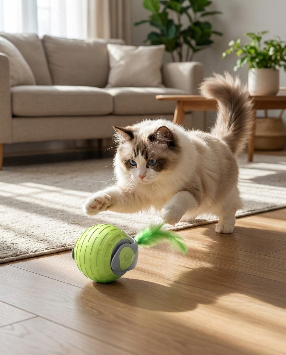 Smart Sensor Moving Cat Toy with Touch Activation in use, lifestyle background