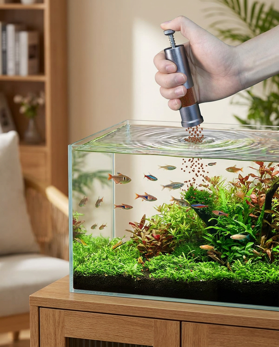 Precision Press Mini Aquarium Fish Feeder in use, lifestyle background