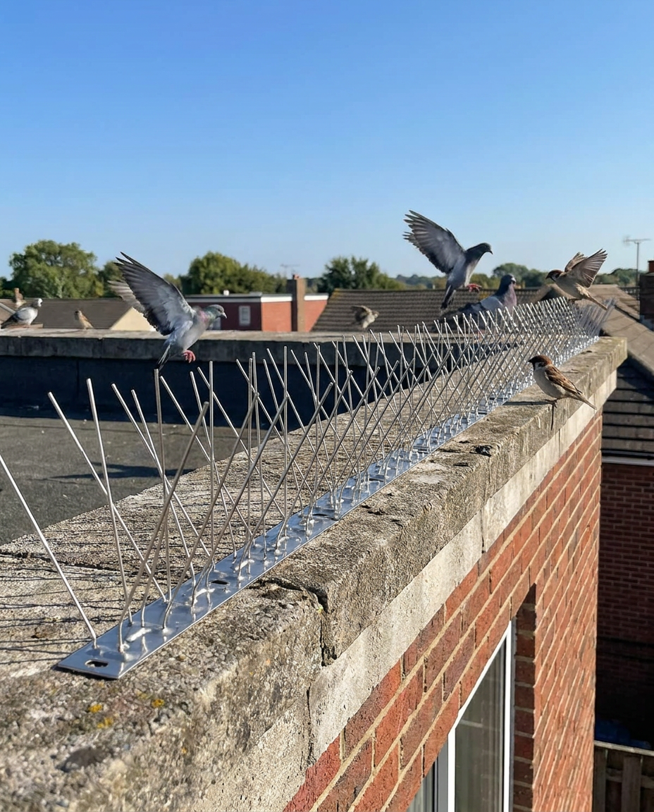 Stainless Steel Outdoor Bird Repellent Spikes in use, lifestyle background