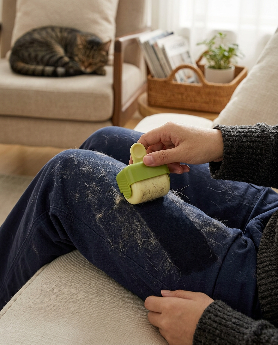 Reusable Mini Travel Lint Roller for Pet Hair in use, lifestyle background