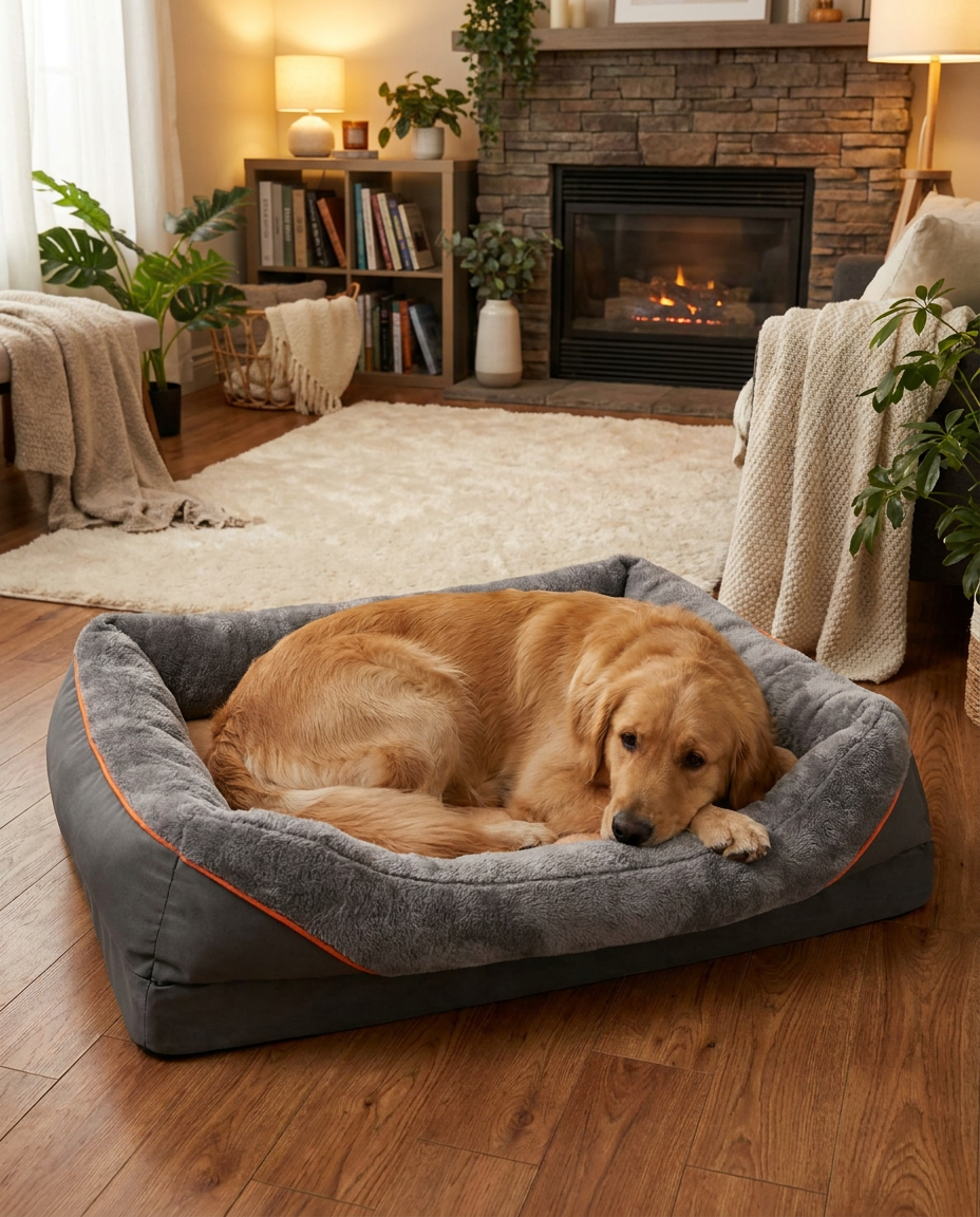 Orthopedic Foam Dog Bed with Raised Sides in use, lifestyle background