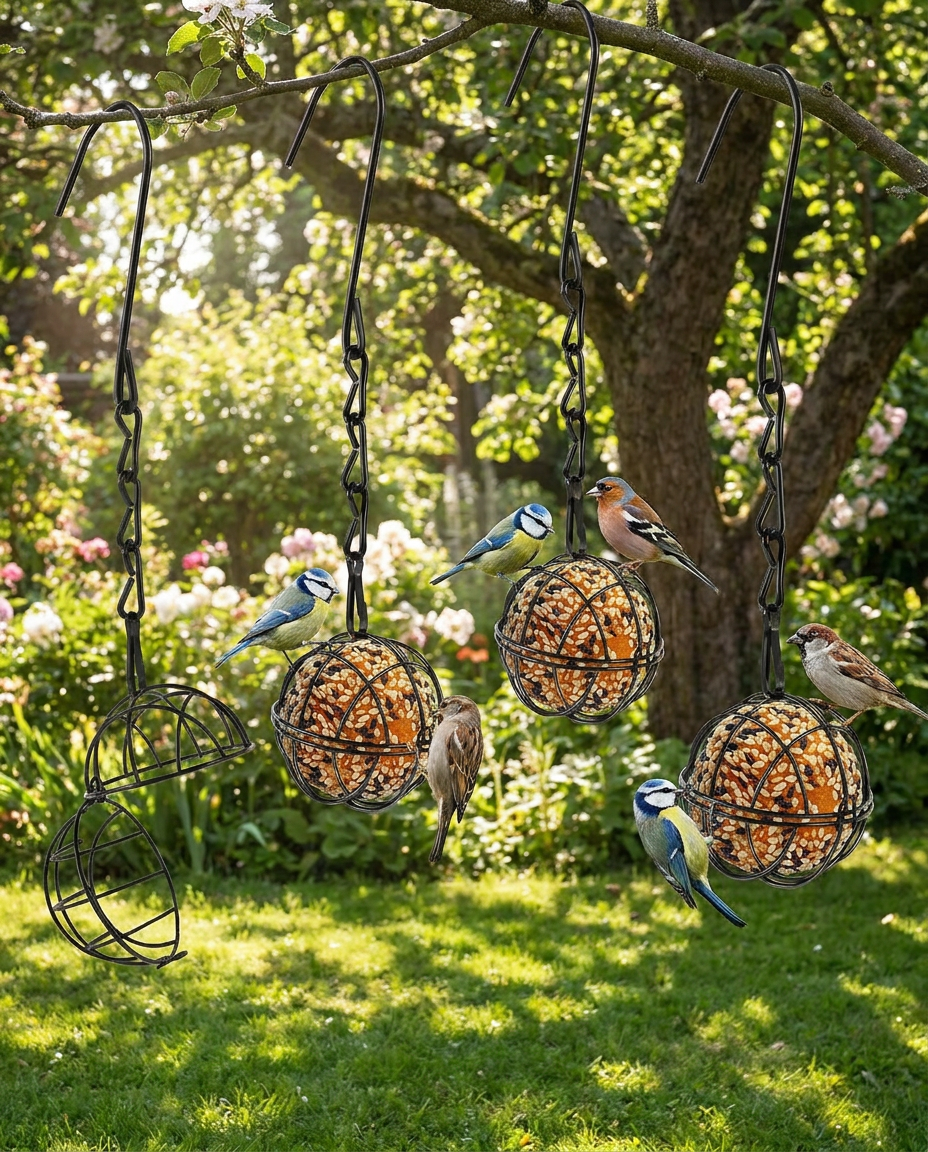4-Piece Metal Hanging Bird Feeder Set in use, lifestyle background