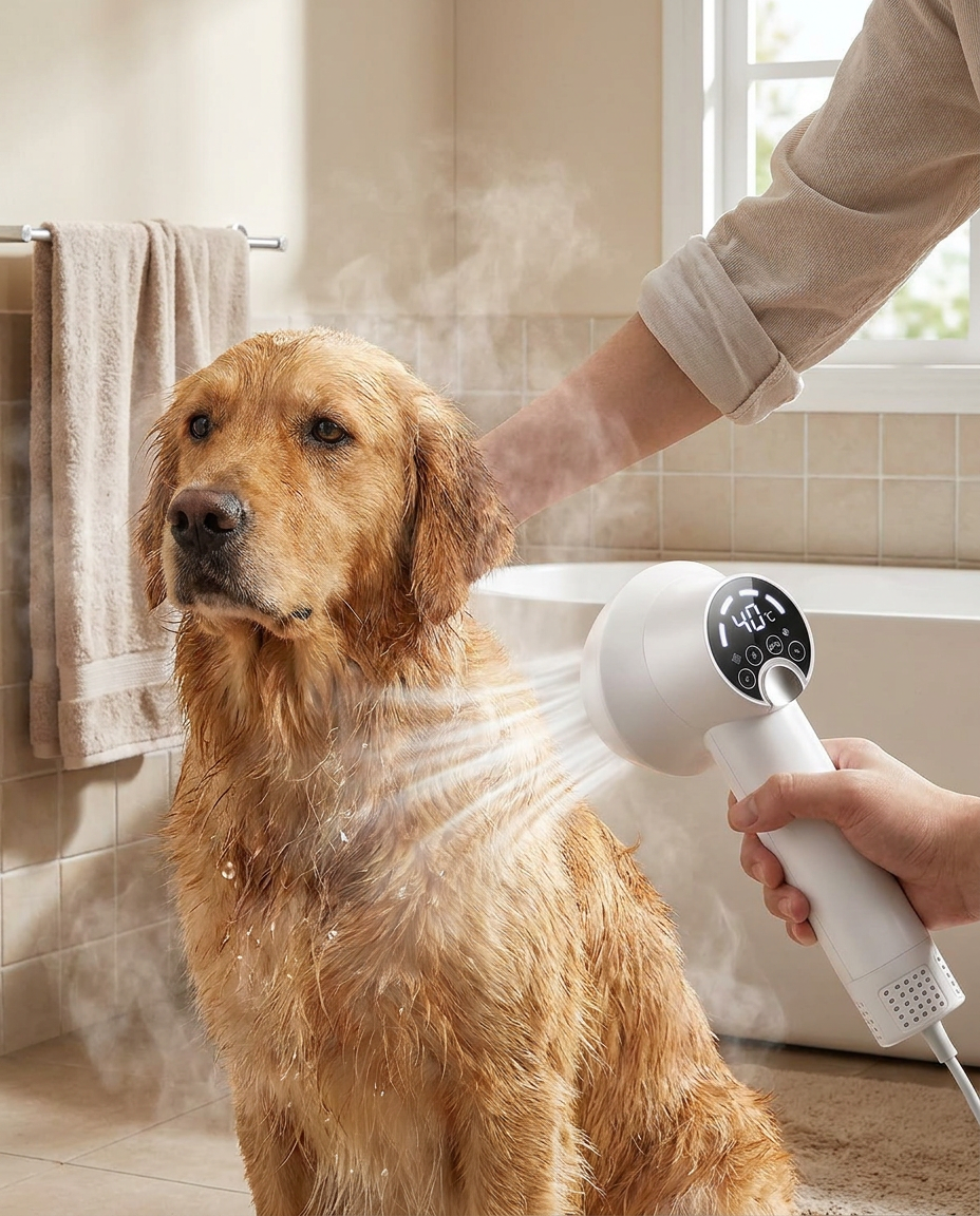 High-Velocity Pet Hair Dryer in use, lifestyle background