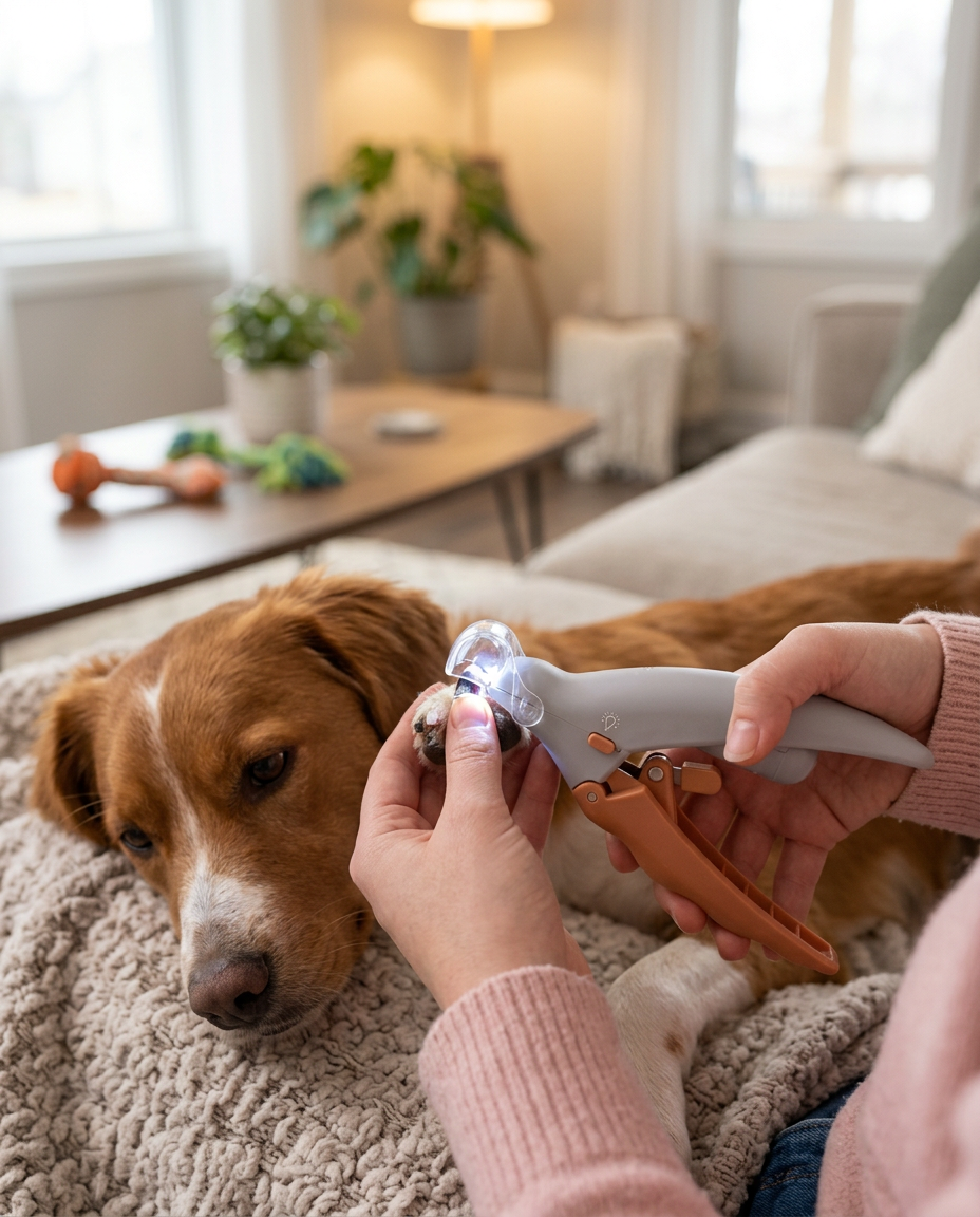 Pet Nail Clipper with LED Light and Magnifier in use, lifestyle background