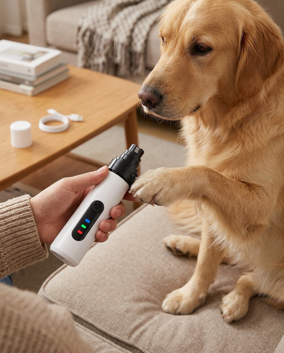 Electric Pet Nail Trimmer in use, lifestyle background