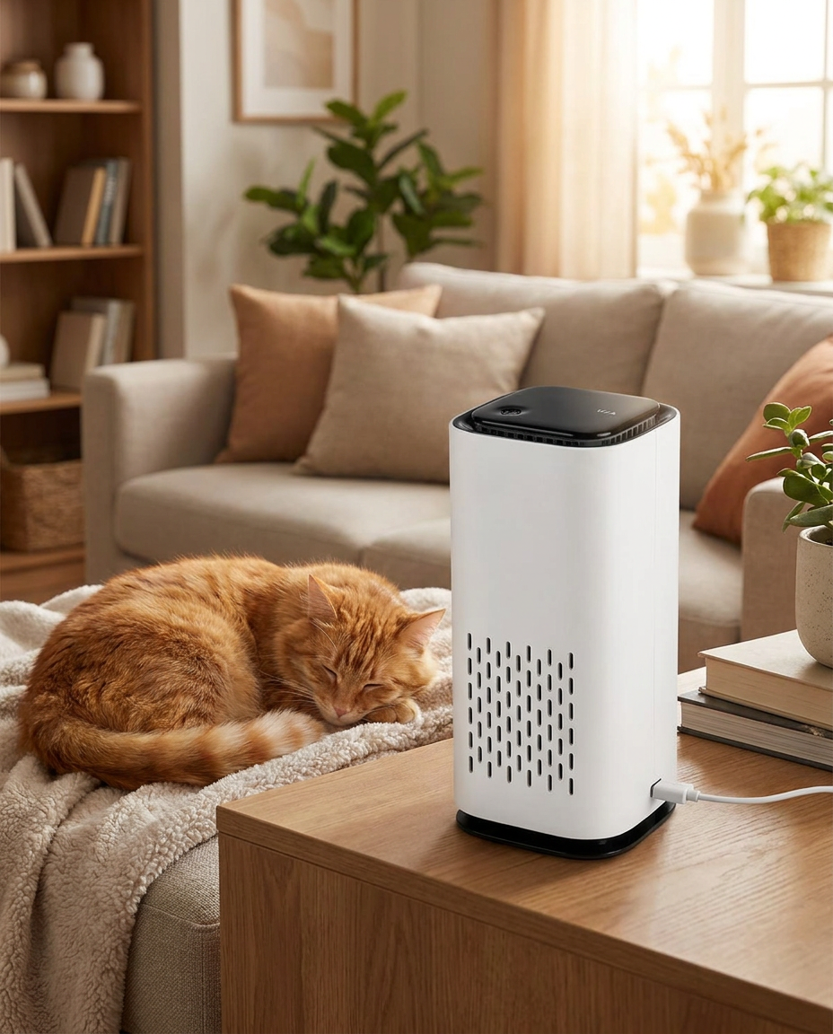 Portable USB Pet Air Purifier for Odor Control in use, lifestyle background
