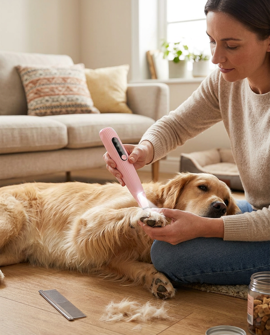 Compact Cordless Pet Paw and Face Fur Trimmer in use, lifestyle background