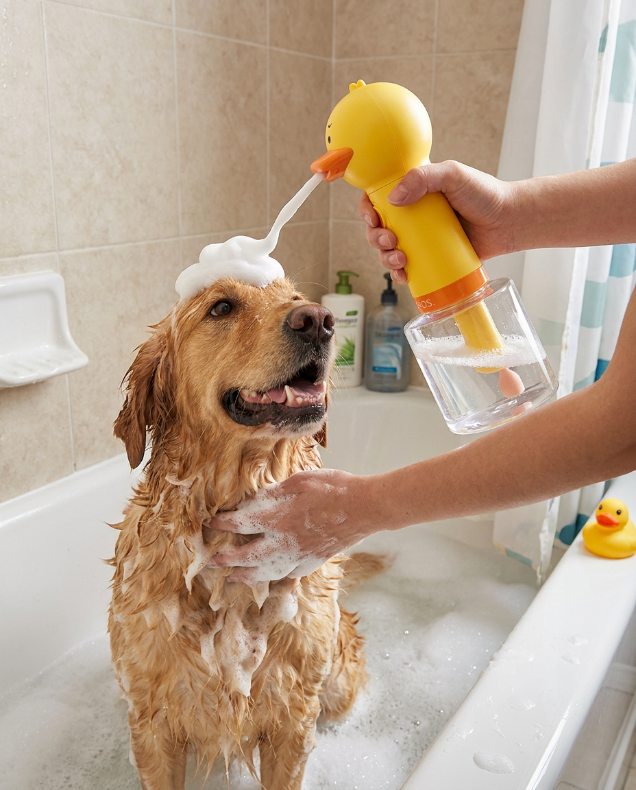 Pet Shampoo Foaming Soap Dispenser in use, lifestyle background