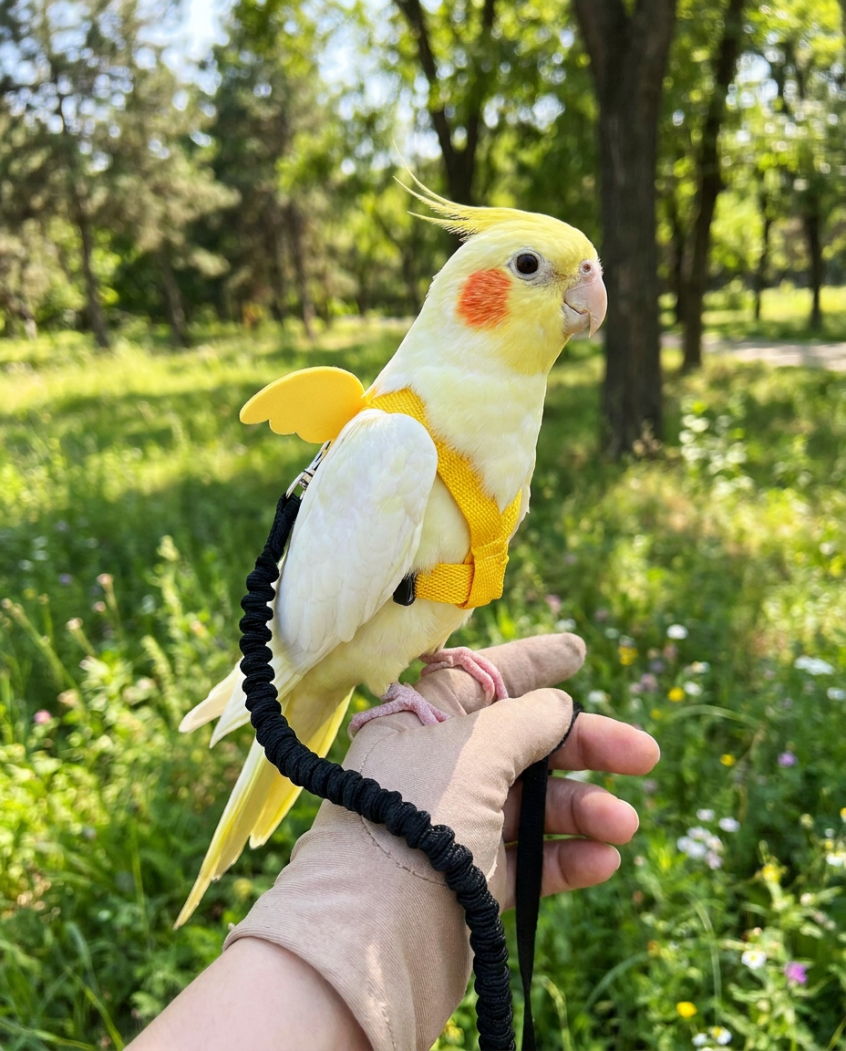Adjustable Parrot Harness with Leash in use, lifestyle background