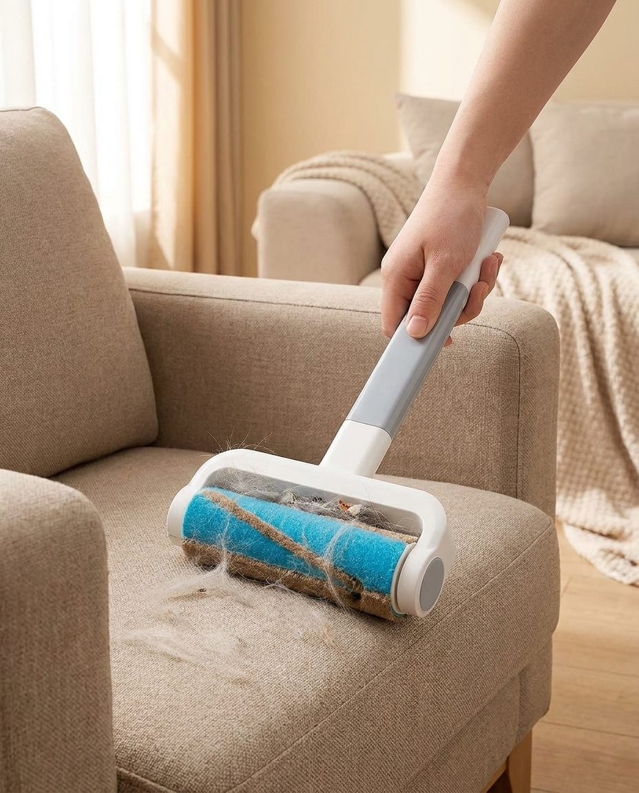 Handheld Pet Hair Remover Brush in use, lifestyle background