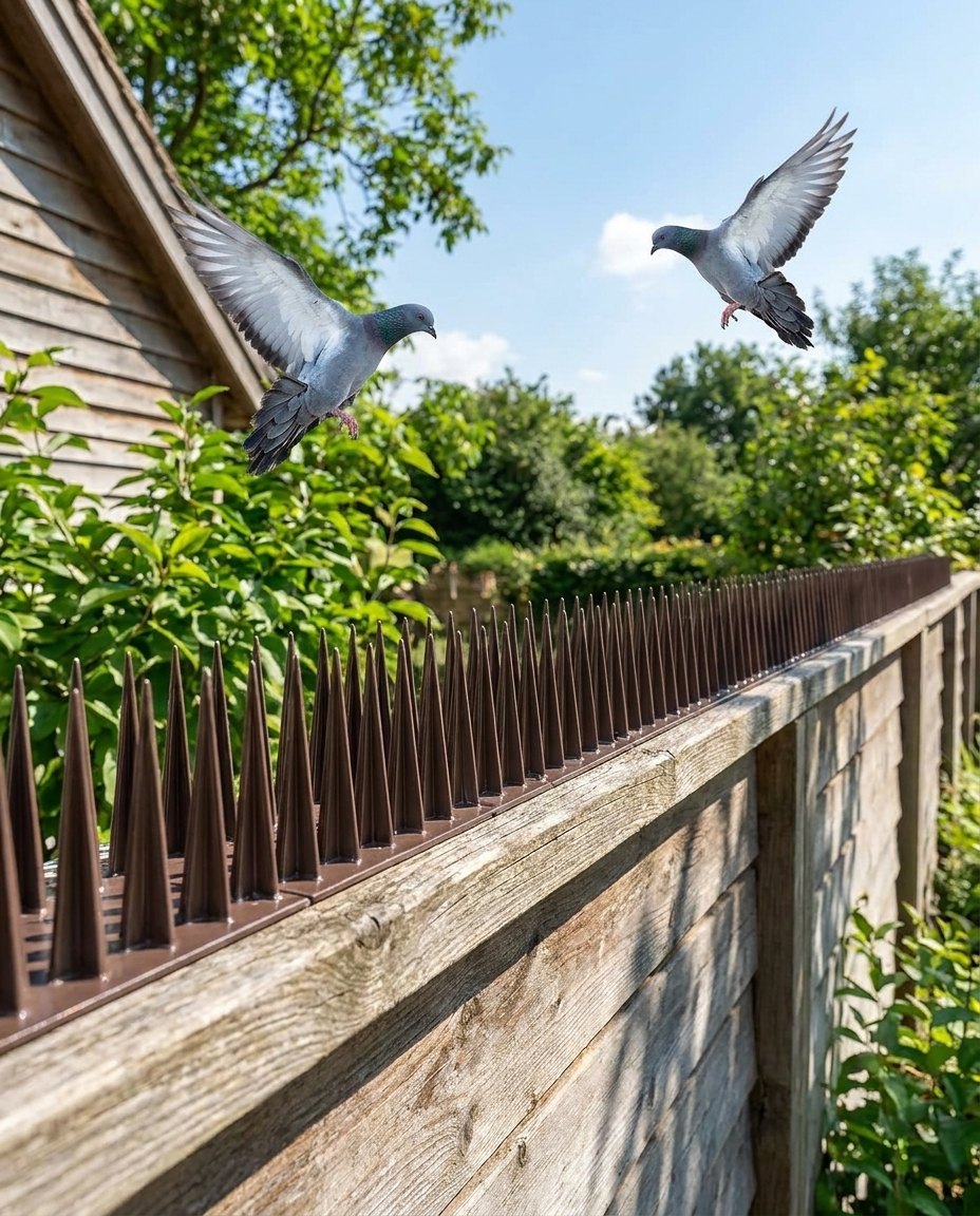 Plastic and Stainless Steel Bird Deterrent Control Spikes in use, lifestyle background