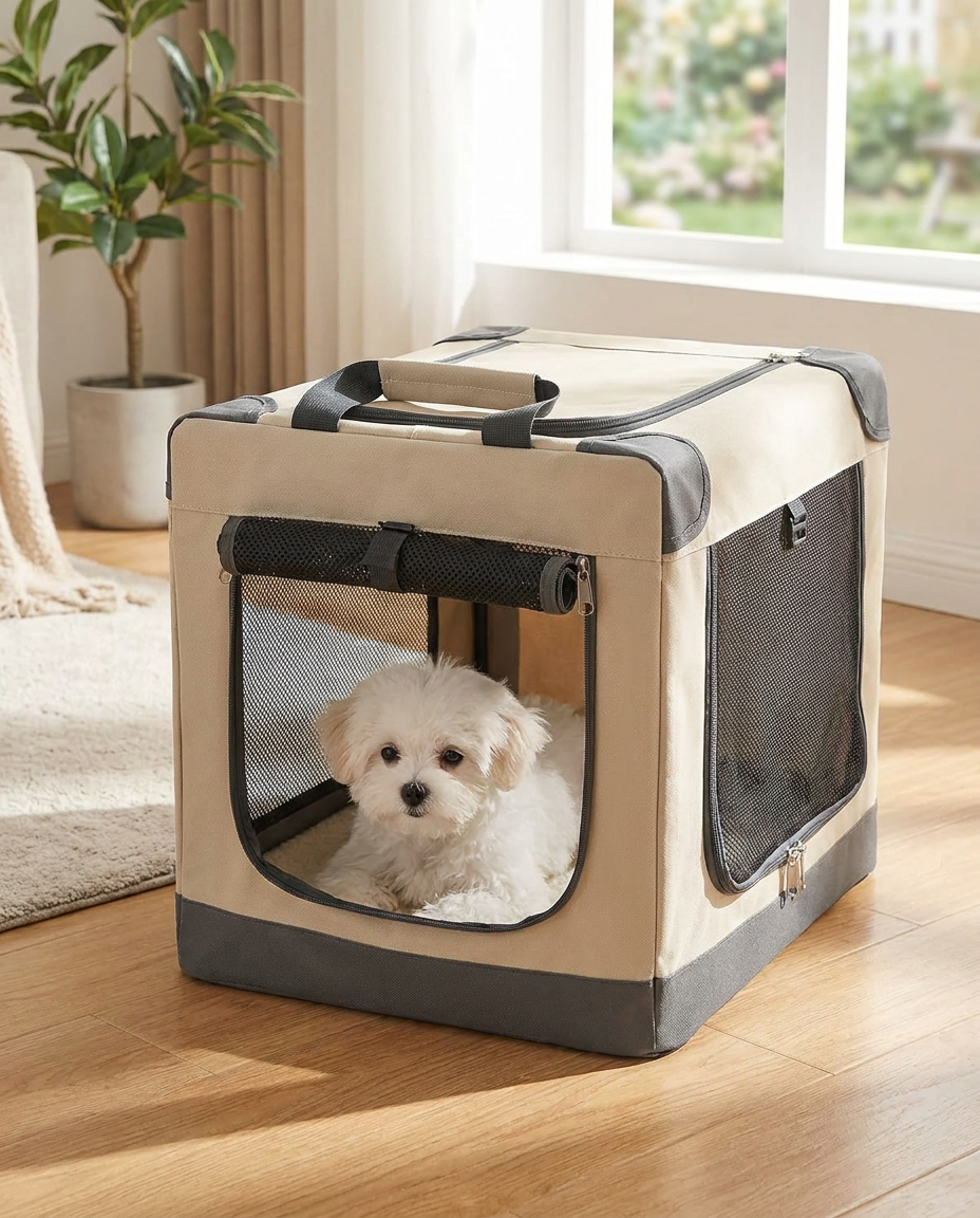 Portable Folding Crate for Small and Medium Dogs in use, lifestyle background