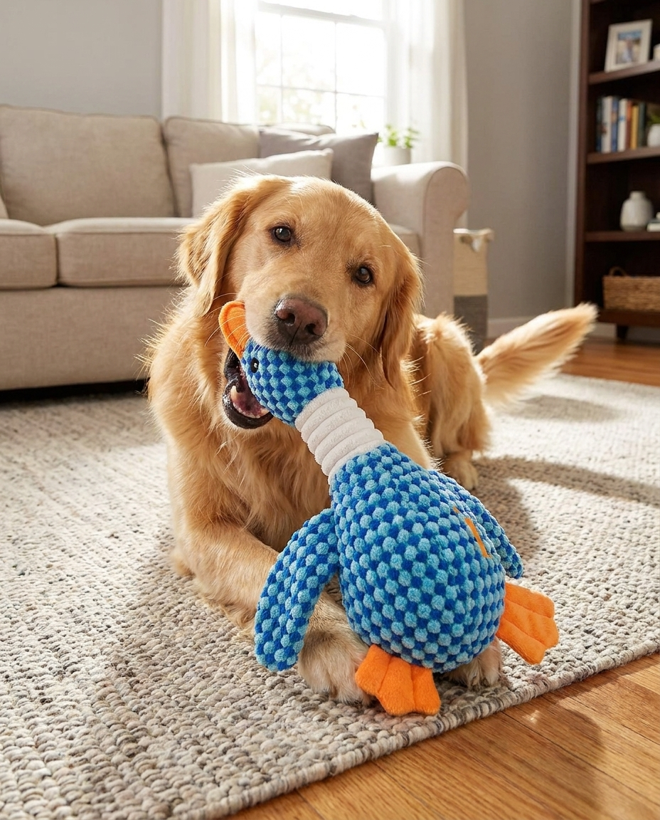 Plush Squeaky Dog Chew Toy for Play and Training in use, lifestyle background