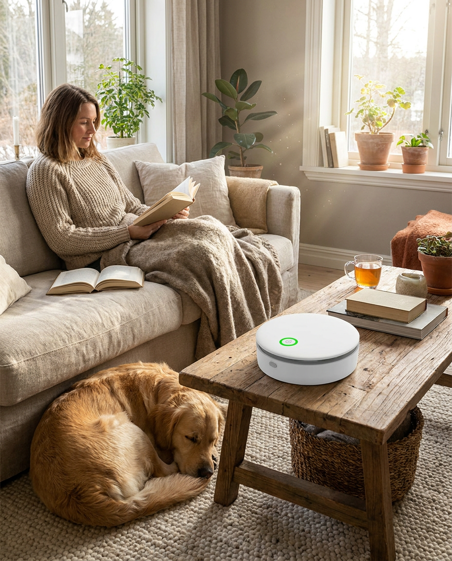 Portable Rechargeable Air Purifier and Odor Eliminator in use, lifestyle background