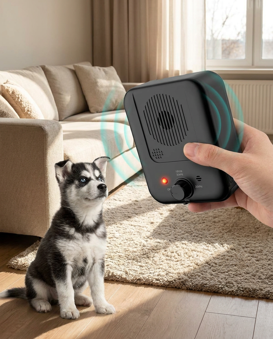Portable Ultrasonic Bark Deterrent Training Device for Dogs in use, lifestyle background