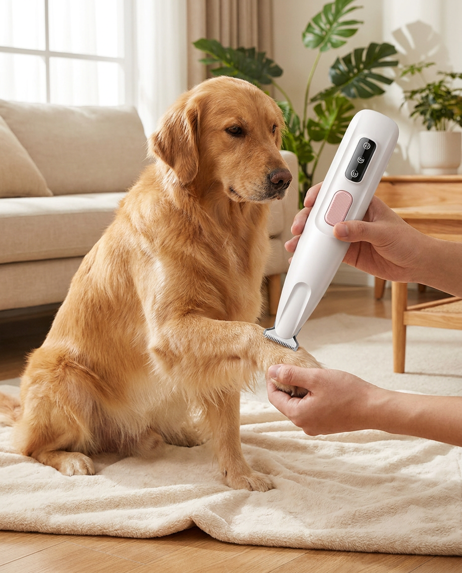 Rechargeable Dog Paw Hair Trimmer with LED Light in use, lifestyle background