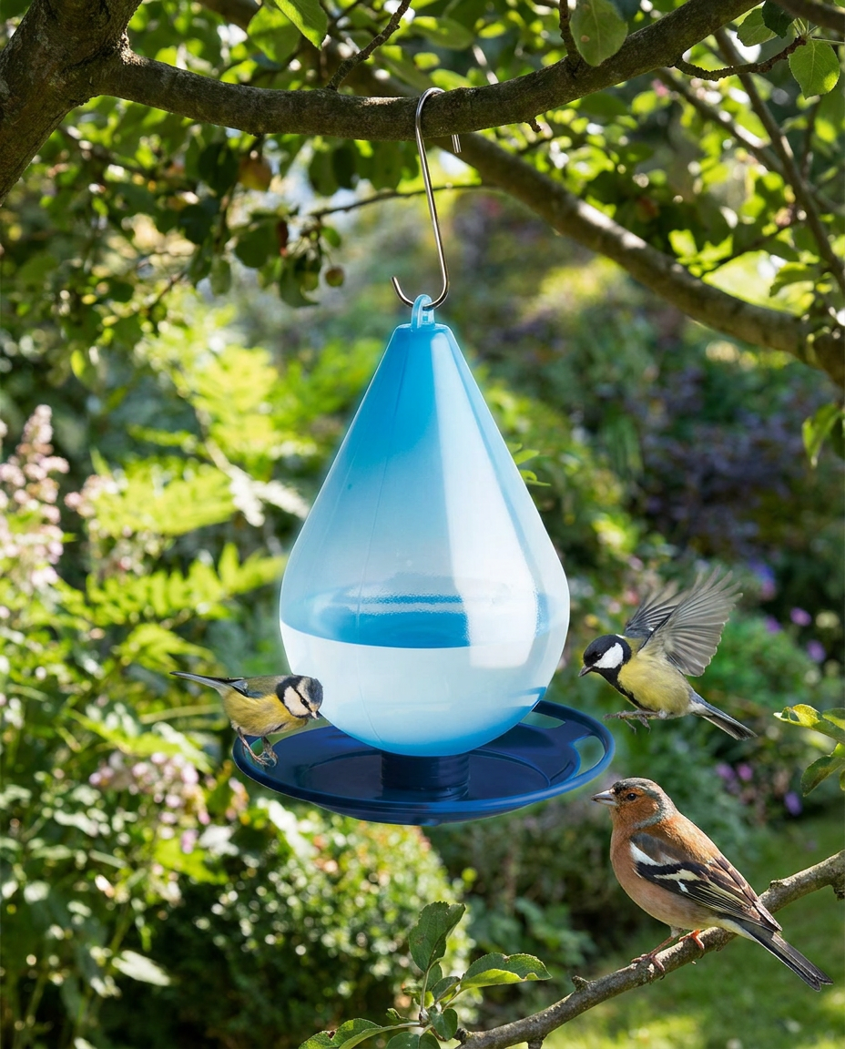 Raindrop Shaped Hanging Bird Water Feeder in use, lifestyle background
