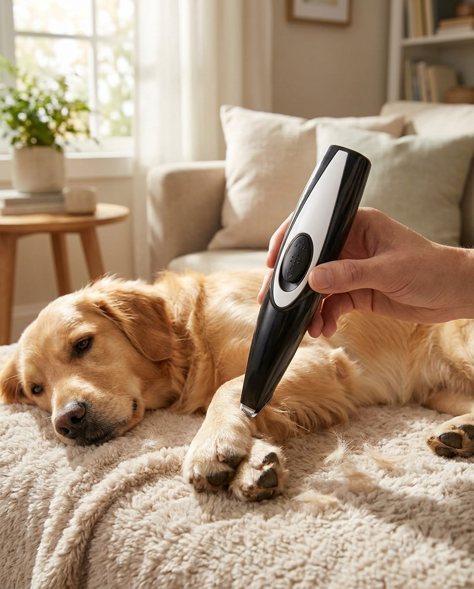 Precision Pet Grooming Trimmer in use, lifestyle background