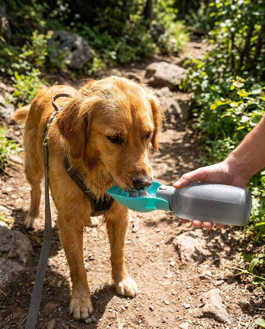 Portable Leakproof Dog Water Bottle with Foldable Bowl in use, lifestyle background