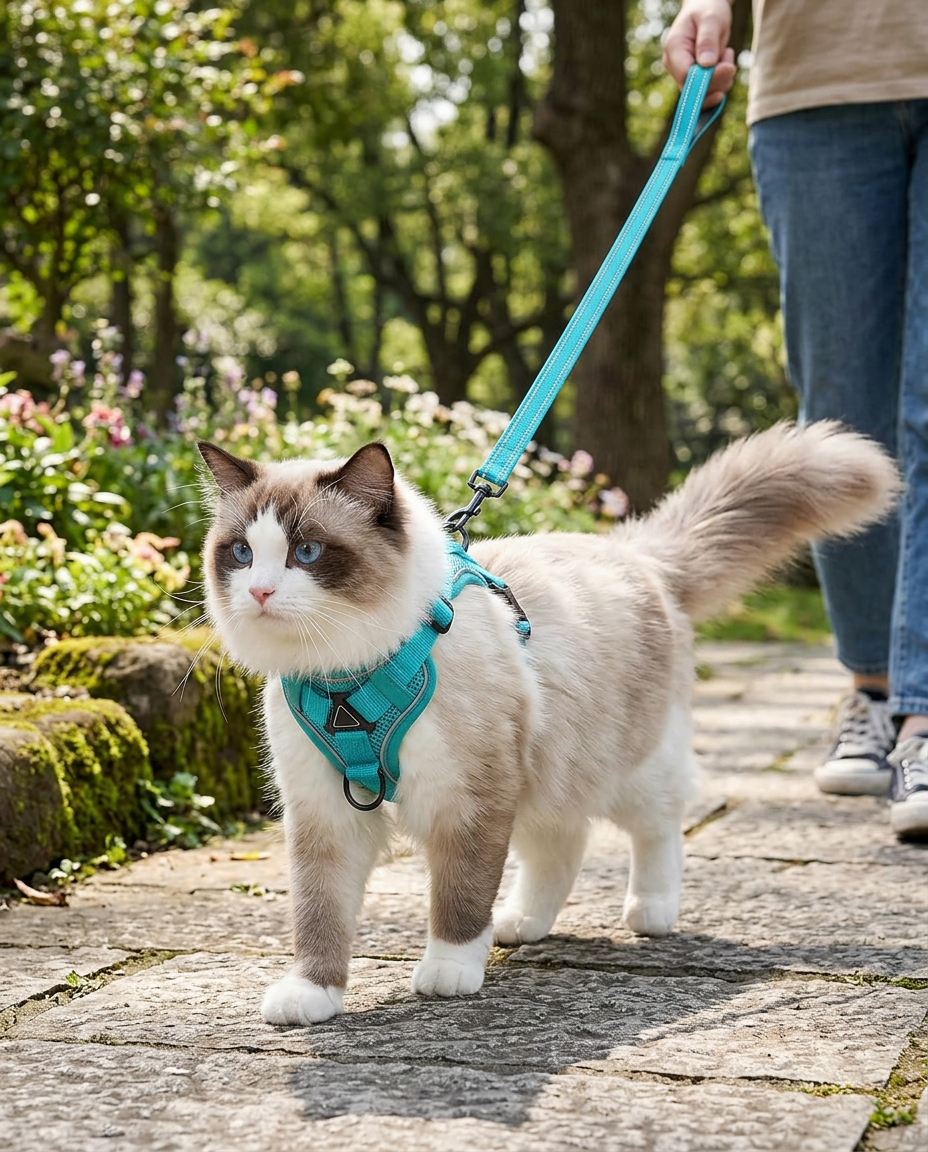 360° Reflective Cat Harness and Leash Set in use, lifestyle background