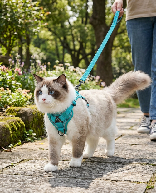 360° Reflective Cat Harness and Leash Set in use, lifestyle background