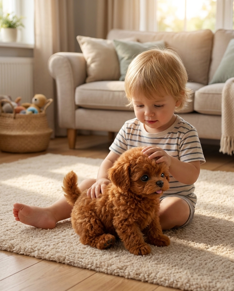 Lifelike Interactive Robotic Puppy Toy in use, lifestyle background