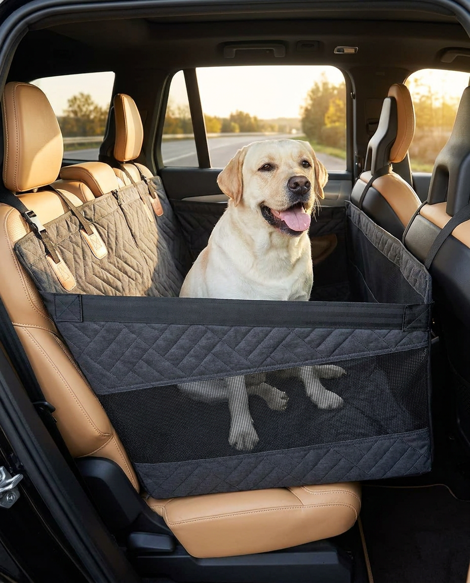 Padded Dog Safety Mat for Car Seats in use, lifestyle background