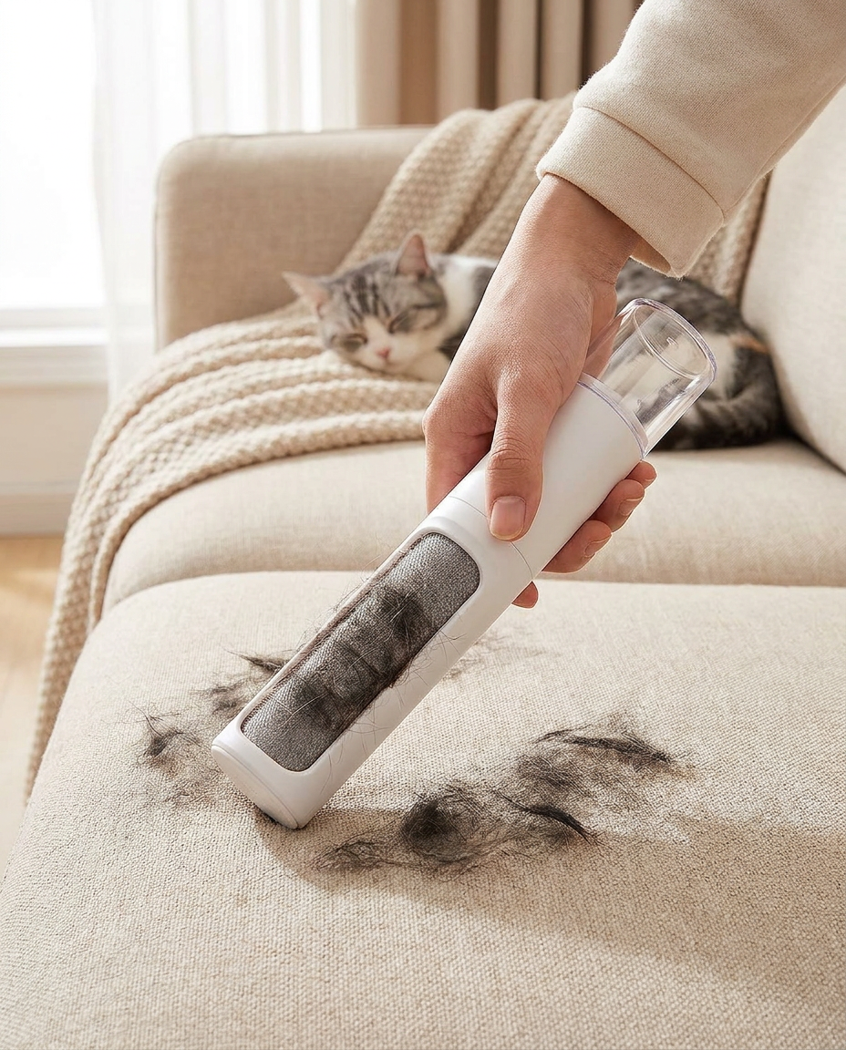 Reusable Lint Roller and Pet Hair Remover Brush in use, lifestyle background