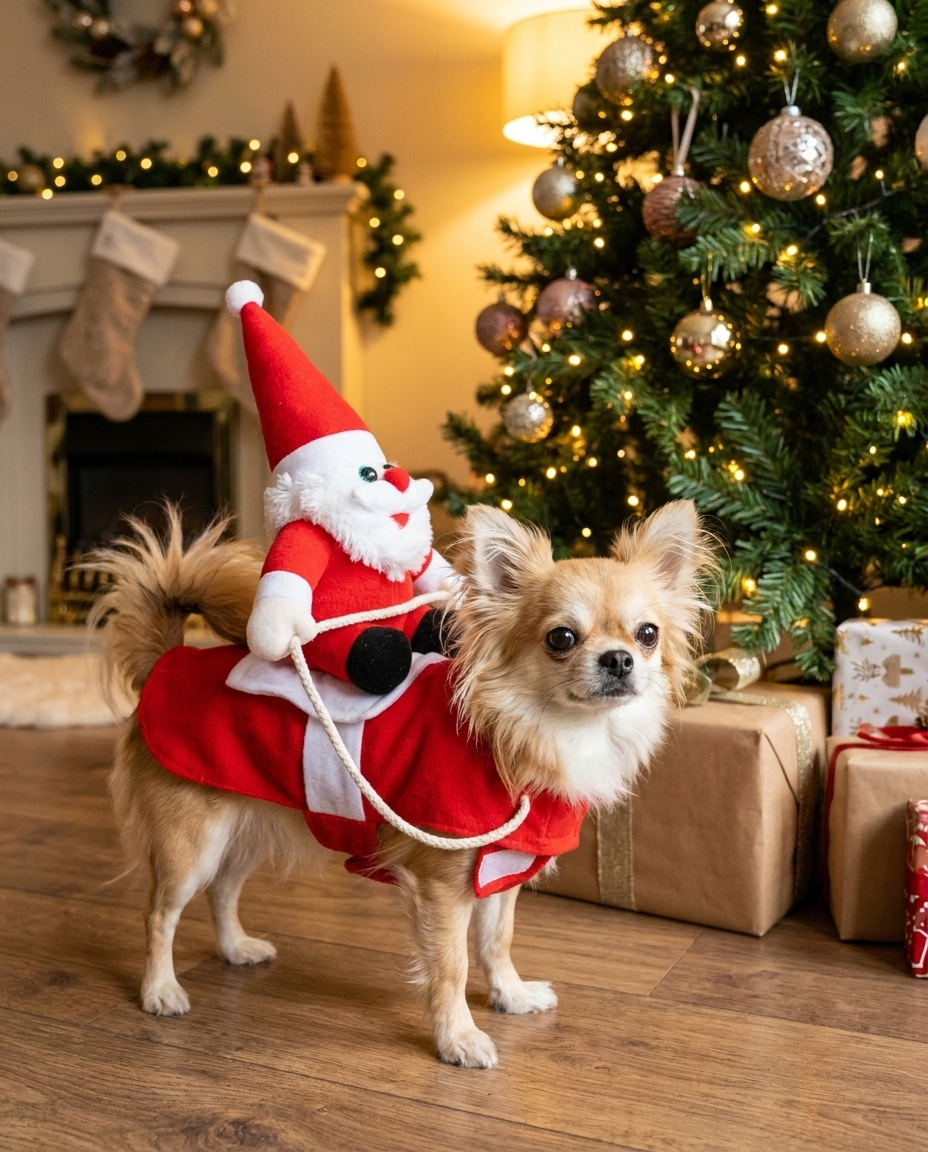 Santa Riding Dog Christmas Costume in use, lifestyle background