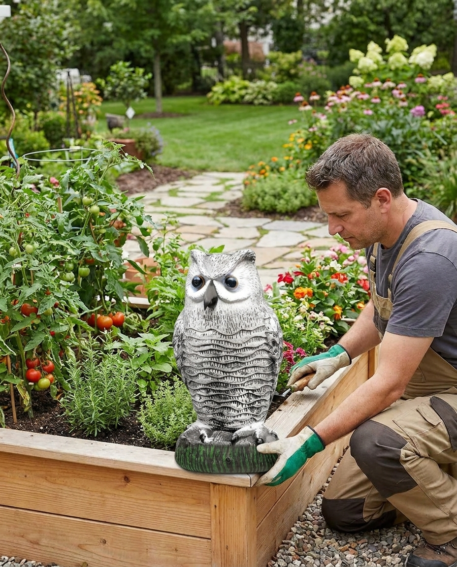Realistic Owl Decoy Bird and Pest Repeller in use, lifestyle background