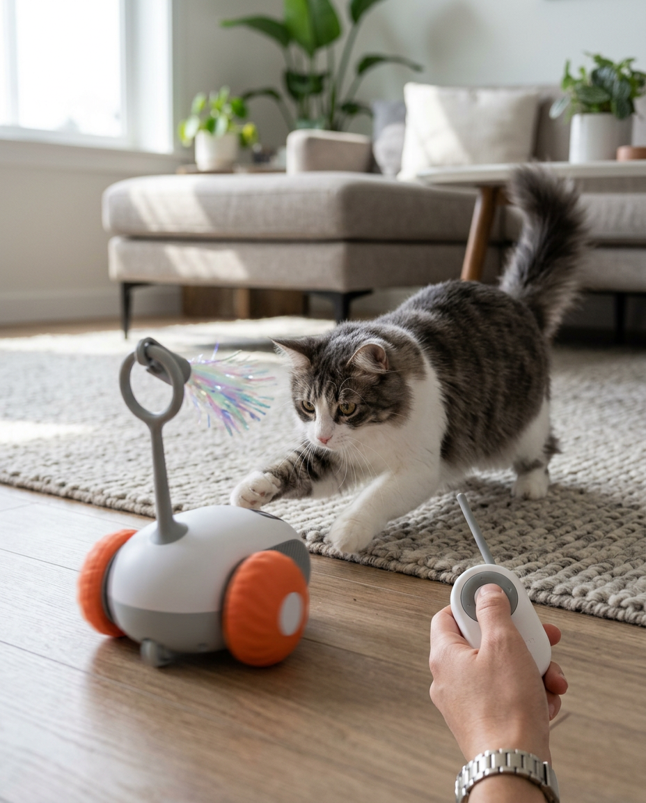 Dual Mode Remote Control Cat Toy with Sensors in use, lifestyle background