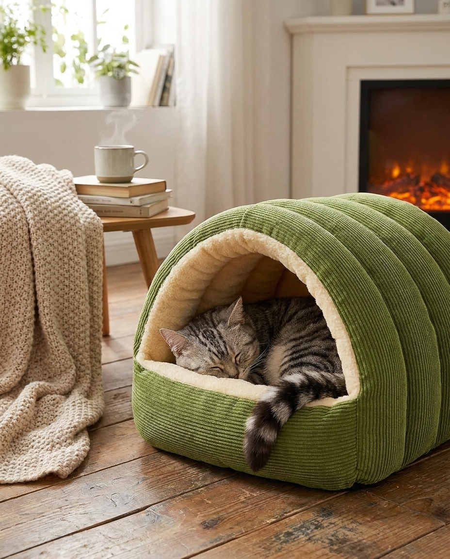 Removable and Washable Winter Enclosed Cat Bed in use, lifestyle background