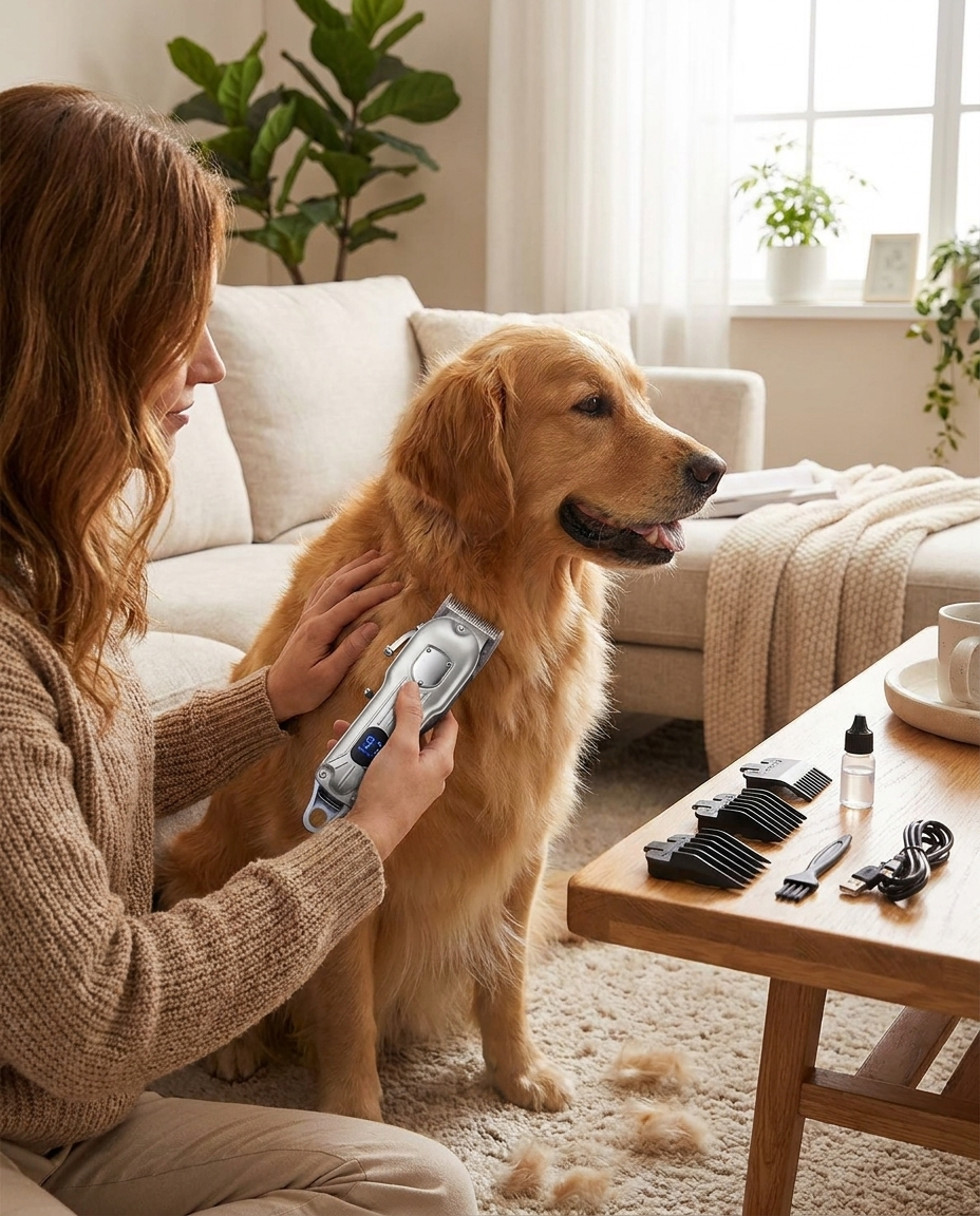 All Metal Rechargeable Professional Dog Hair Clipper in use, lifestyle background