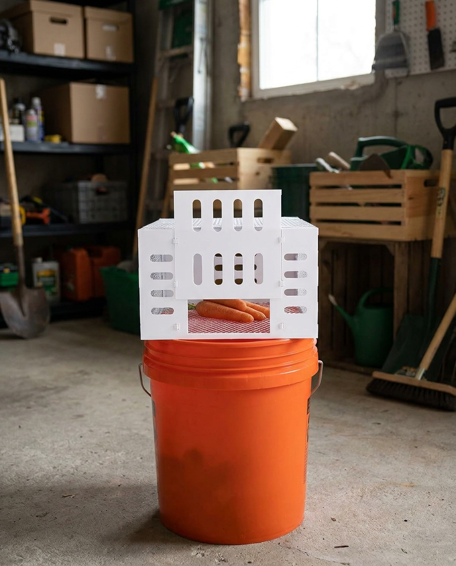 Self-Activating Mouse Trap Lid for Buckets in use, lifestyle background