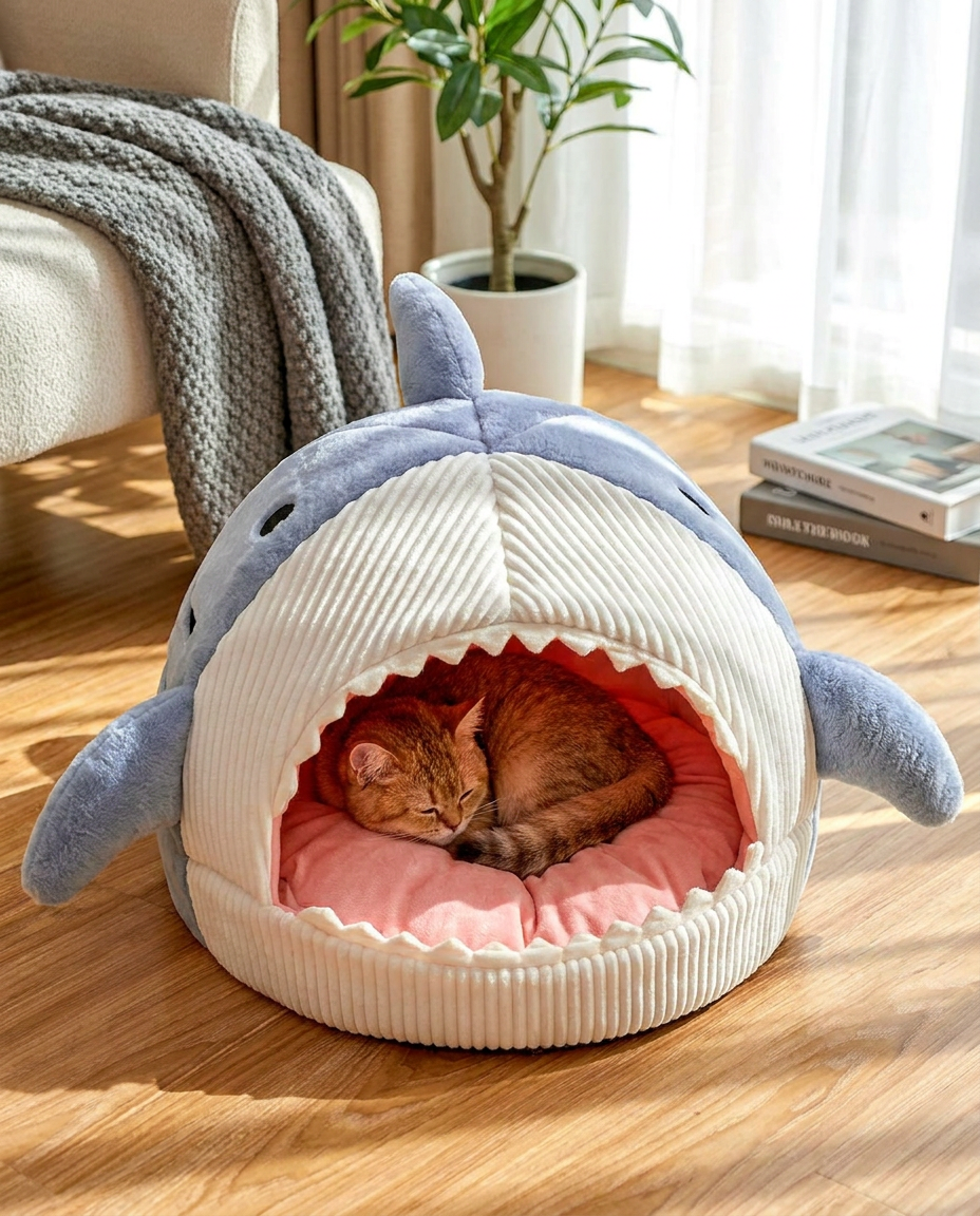 Shark-Shaped Cat and Dog Cave Bed in use, lifestyle background