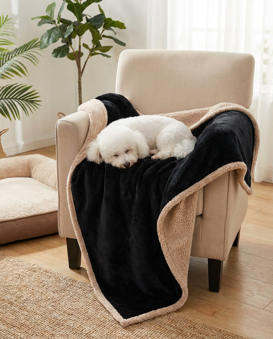 Soft Sherpa Waterproof Dog Sleeping Blanket in use, lifestyle background