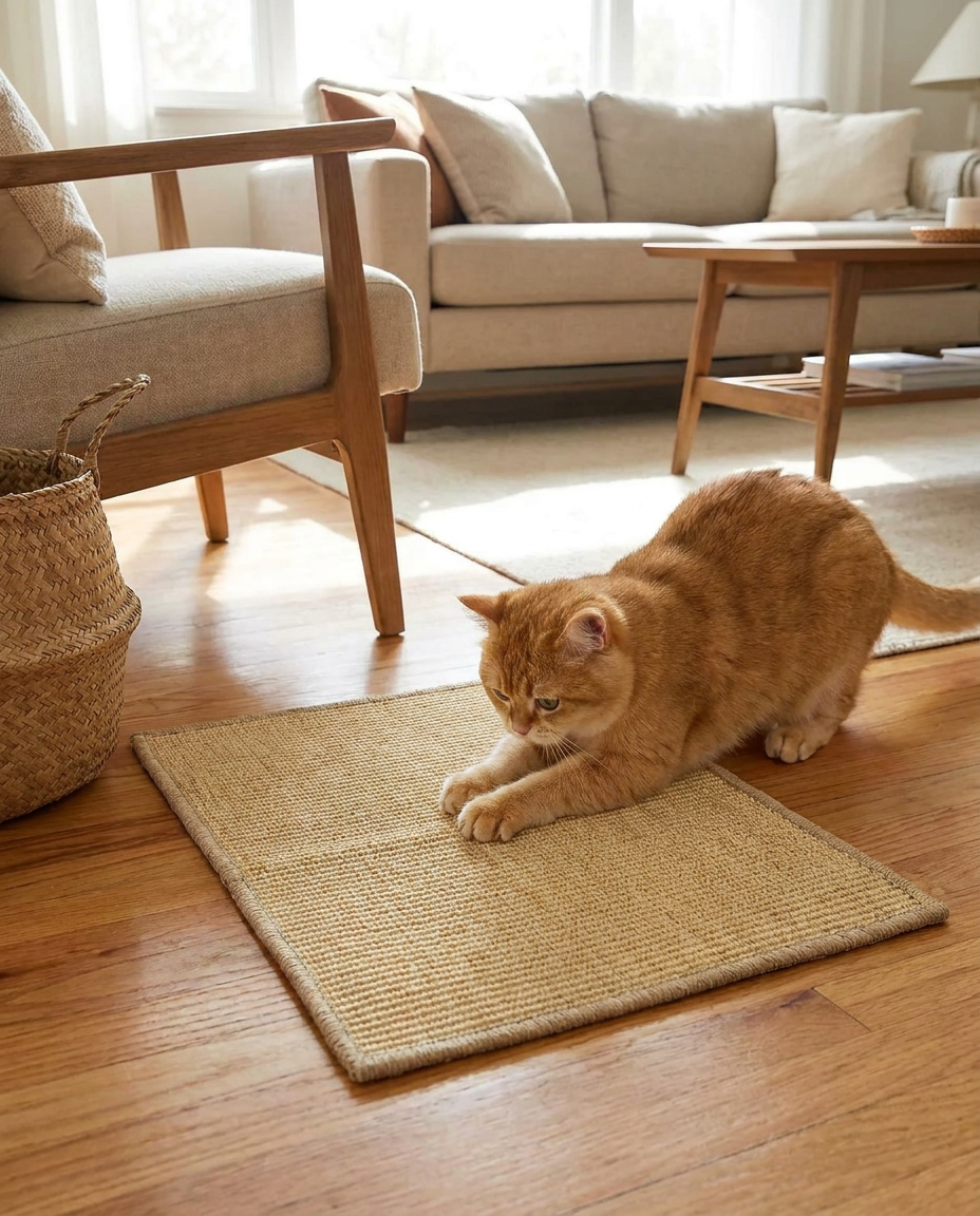 Sisal Cat Scratcher Mat for Furniture and Play in use, lifestyle background