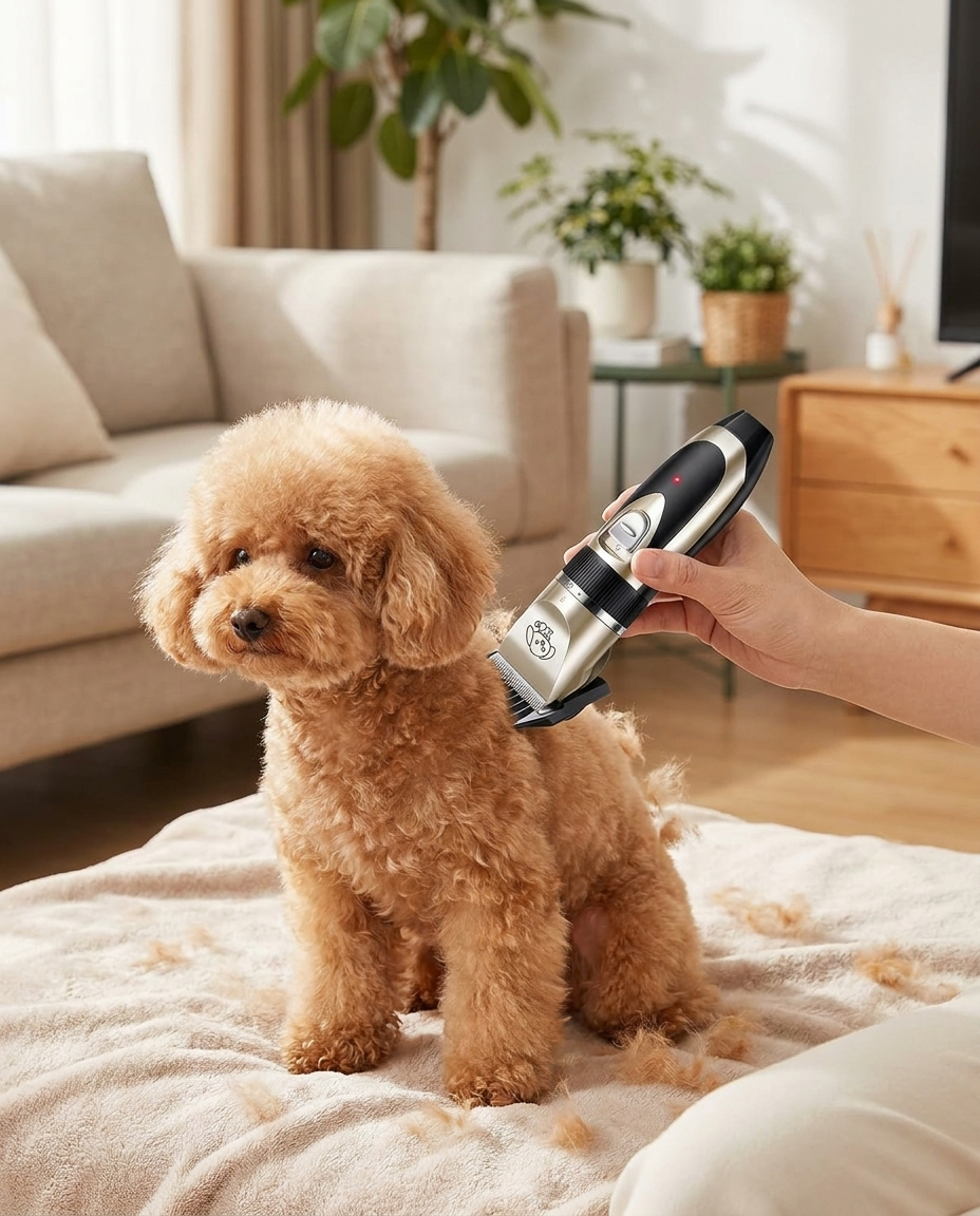 Silent Fur Trimmer Grooming Set for Dogs in use, lifestyle background
