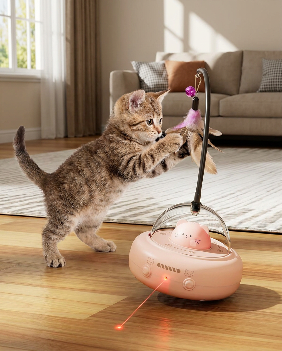Smart Interactive Cat Toy with Lights and Motion in use, lifestyle background