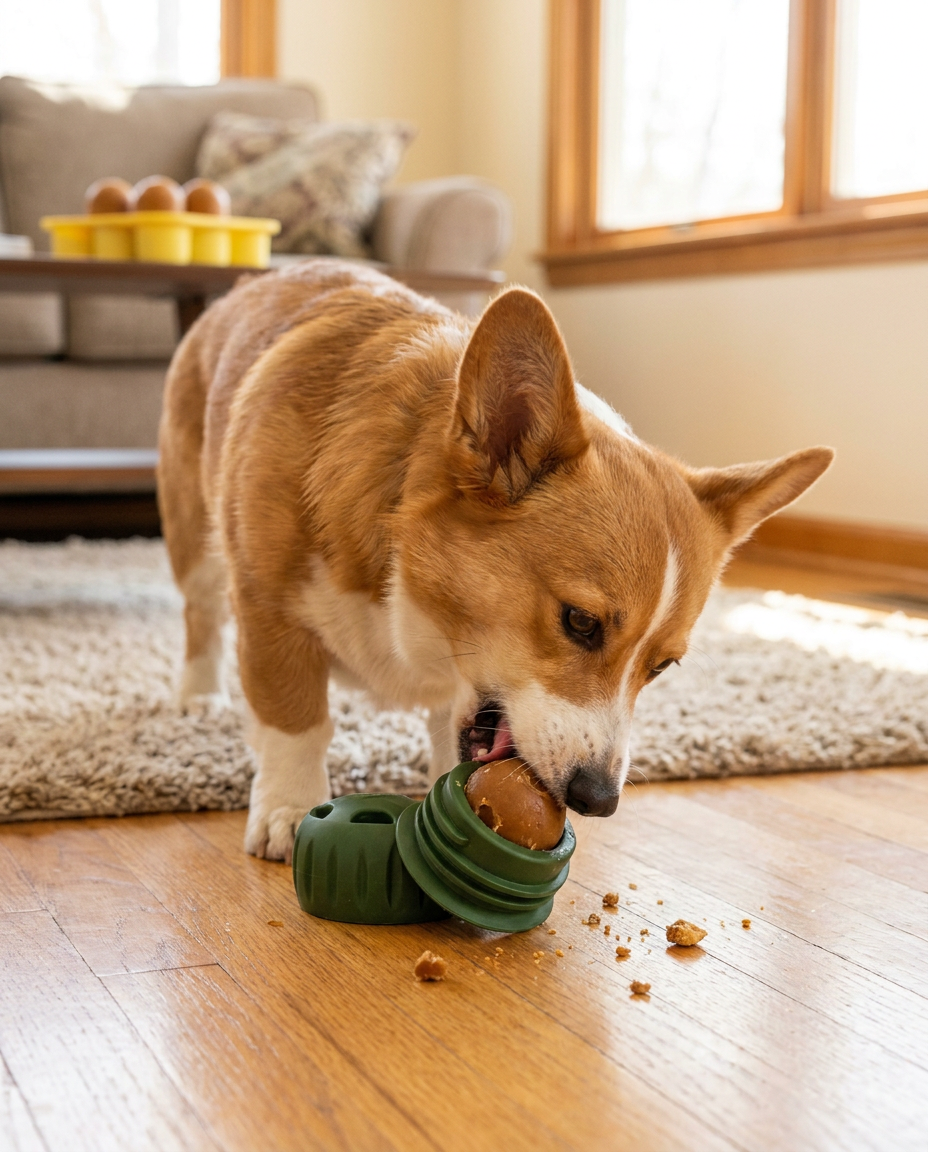 Silicone Dog Slow Feeder and Refillable Chew Toy in use, lifestyle background