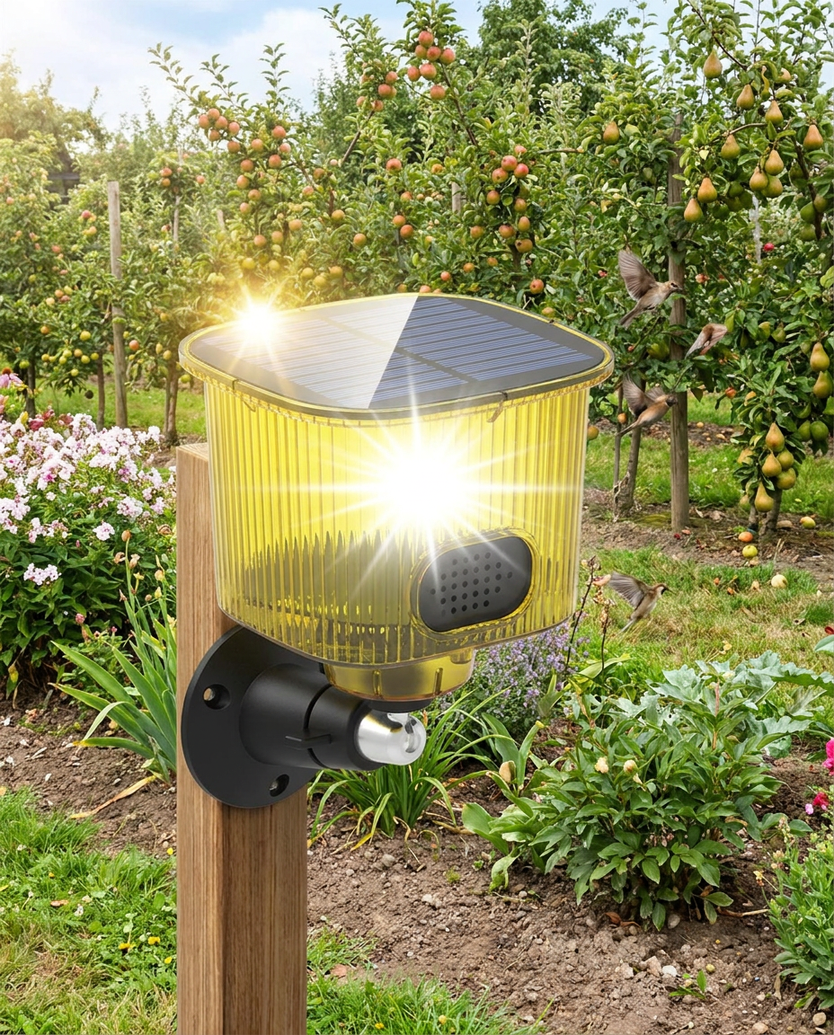 Solar Bird Repeller with Sound and Strobe Light in use, lifestyle background