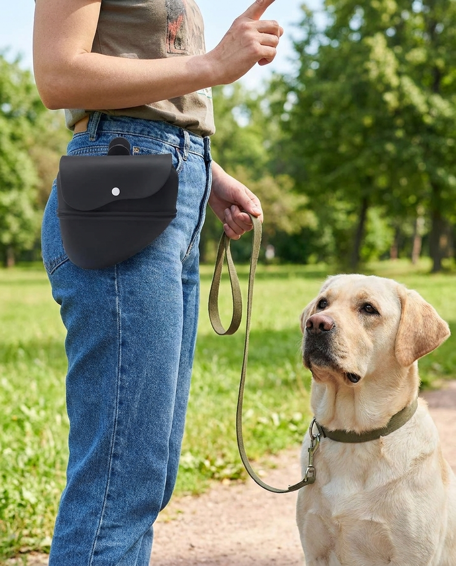 Silicone Dog Treat Training Pouch with Belt Clip in use, lifestyle background